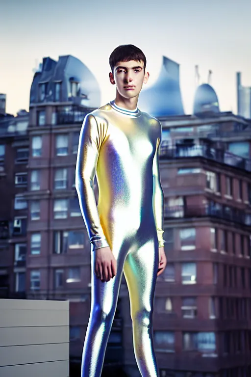 Image similar to un ultra high definition studio quality photographic art portrait of a young man standing on the rooftop of a british apartment building wearing soft baggy padded silver iridescent pearlescent clothing. three point light. extremely detailed. golden ratio, ray tracing, volumetric light, shallow depth of field. set dressed.