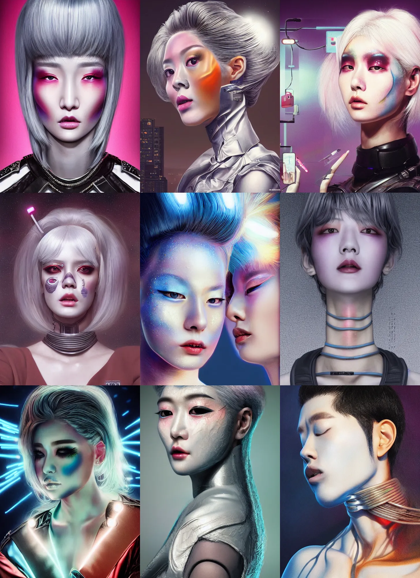 Prompt: korean roccoco android portrait with sci - fi makeup, chromatic skin, silver hair, eighties look, retro, beautiful lights, charging cables in the neck, vintage look, depth of field, hyper realistic, illustration, airbrush, 8 k, intricate, duo tone, art by david la chapelle and philip castle, artgerm