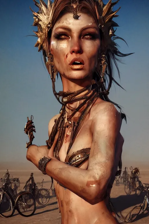 Image similar to a centered photo of a post apocalyptic supermodel goddess at burning man festival playa, powerful, cinematic, beautifully lit, by artgerm, by craig mullins, by karol bak, 3 d, perfect face and body, trending on artstation, octane render, 8 k