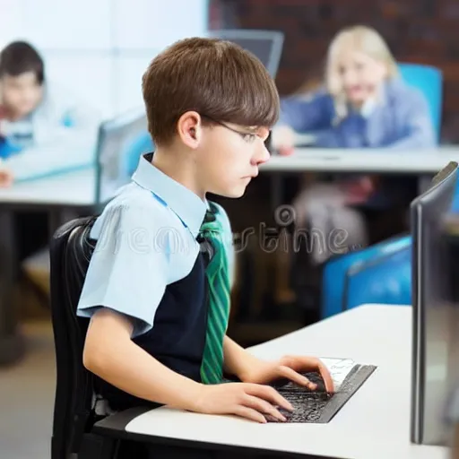 Image similar to school kid sitting at a computer desk, hacking, stock photo