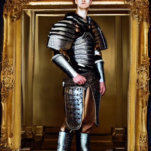 Prompt: a portrait of a beautiful young male wearing an alexander mcqueen armor made of mirrors , photographed by andrew thomas huang, artistic