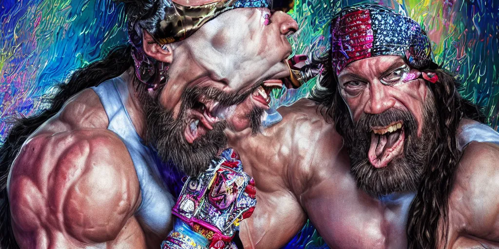 Prompt: hyperrealistic mixed media portrait of macho man randy savage, forward angle, stunning 3d render inspired art by P. Craig Russell and Barry Windsor-Smith + perfect facial symmetry + dim volumetric lighting, 8k octane beautifully detailed render, post-processing, extremely hyperdetailed, intricate complexity, epic composition, grim yet sparkling atmosphere, cinematic lighting + masterpiece, trending on artstation