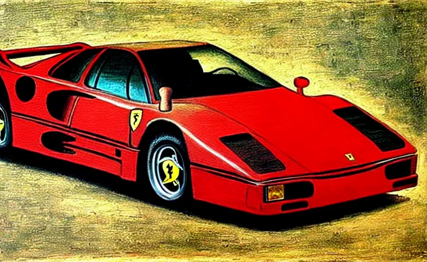 Image similar to Painting of a Ferrari F40, italian High Renaissance art by Leonardo da Vinci