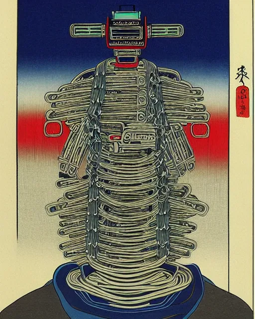 Image similar to Hiroshige portrait of a robot saint made of cables and robotic pod