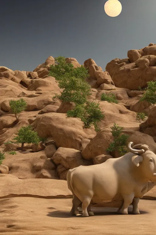 Prompt: an endless desert landscape with lush vegetation in the style of michelangelo with a stone statue of a bull placed in the middle of the foreground, raytracing, 8 k, octane render, volumetric, vivid, beautiful, hyperrealism