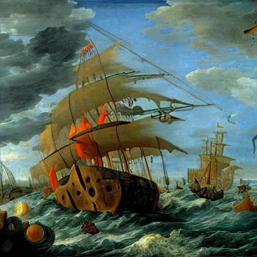 Prompt: A giant squid destroying a cruise ship in the middle of the ocean, by Jan Steen