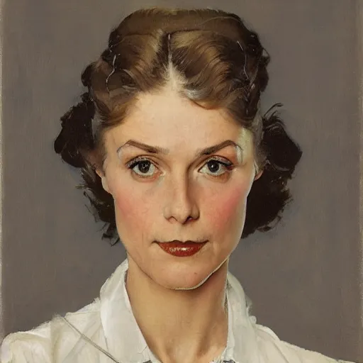 Image similar to head and shoulders portrait of woman, fully clothed, three quarter profile, norman rockwell, jacob collins, tom lovell, frank schoonover