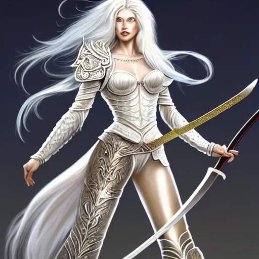 Image similar to full body painting of a woman with flowing luscious glowing white hair standing whilst holding a sword, wearing intricate plate - armor and leather underneath. intricate, elegant, highly detailed, digital painting, artstation, concept art, smooth, sharp focus, illustration, by terry wei, qiu fang, tooth wu, kan liu, siwoo kim, jisu choe