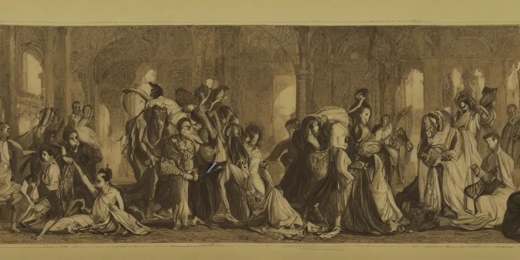 Image similar to sultan and his harem, lithograph