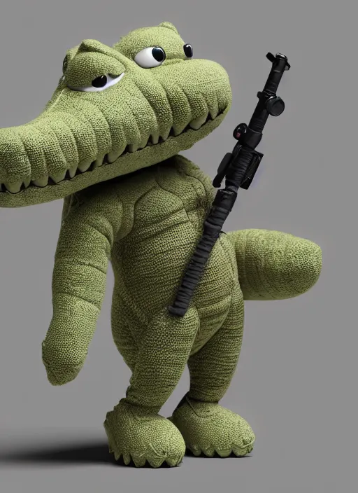 Image similar to a cute plush alligator, fluffy, cartoony, wearing nike sneakers, holding a bazooka, black backround, hyper detailed, octane render 🤣