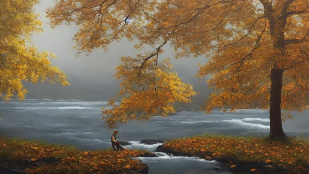 Image similar to A beautiful oil painting of a single tree, the tree is in the rule of thirds, a person is under the tree reading a book, the fall has arrived and the leafs started to become golden and red, the river is flowing its way, the river has lots of dark grey rocks, oil painting by Greg Rutkowski