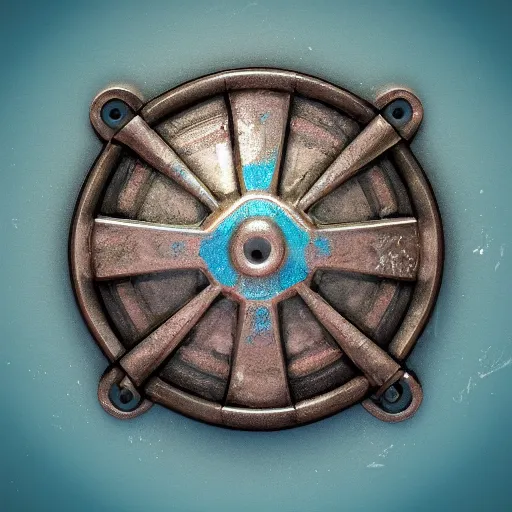 Image similar to a stylised old ice blue colorful metal key, key is on the center of image, rpg game inventory item, rim light, outer glow, on the white background, vray, stylised textures, trending on artstation