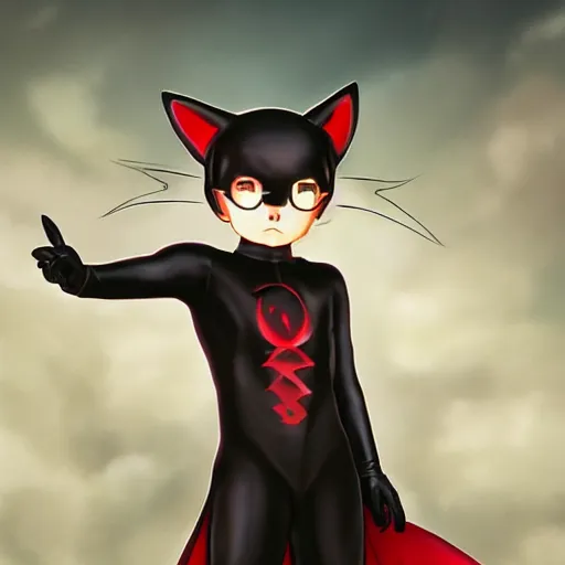 Image similar to little boy with cat ears in an black latex suit with red cape. digital artwork made by lois van baarle and kentaro miura, sharpness focus, inspired by hirohiko araki, anatomically correct, heroic composition, hero pose, mobile wallpaper