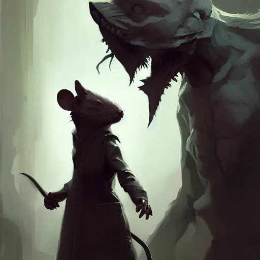 Image similar to greg rutkowski super large evil mouse eating a human person