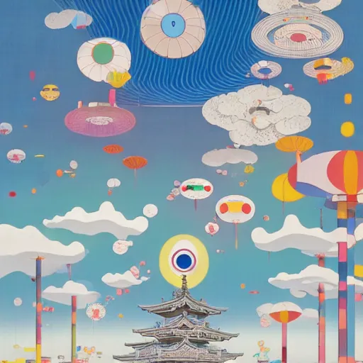 Image similar to a man walking on clouds away from the camera above kyoto by takashi murakami, beeple and james jean, aya takano color style, 4 k, super detailed, modern, 4 k, symmetrical