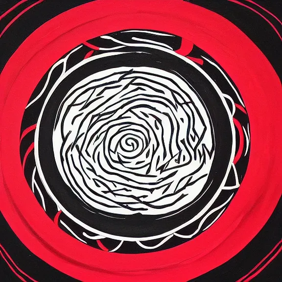 Image similar to a painting of a circle with a red and black design, an album cover by Constant, behance contest winner, letterism, wiccan, concert poster, outlined art, featured on tumblr, lovecraftian, symbolism, letterism