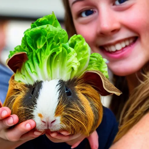 Prompt: a guinea pig looking excited with a lettuce pizza in front of them