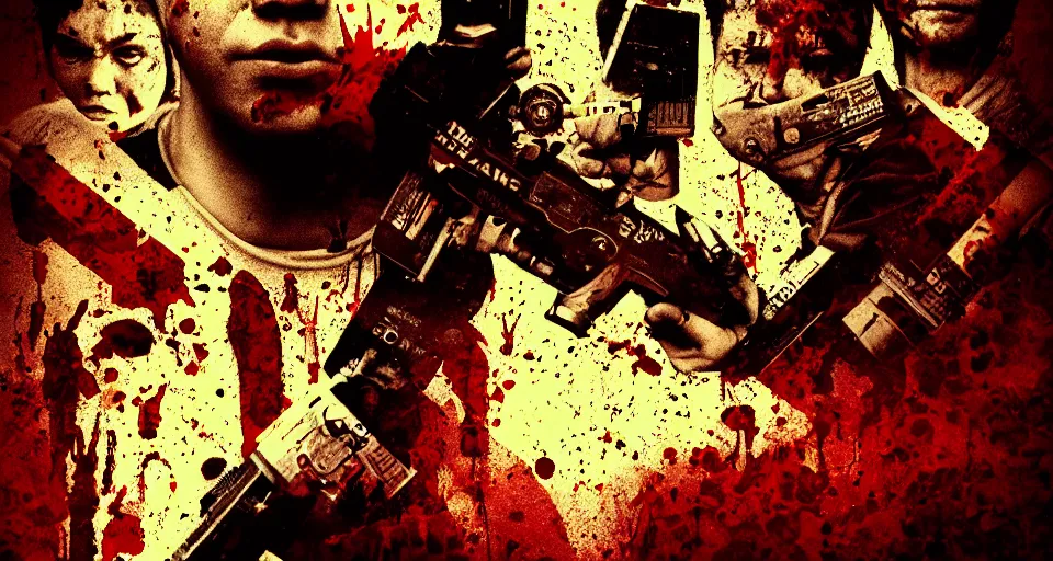 Image similar to category b film poster with huge trace of a shots in centre, seamless texture, several blood splatter on the sides, focus render, grainy tape, distortion, few details, illustrations, vhs effect, artstation