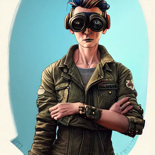 Image similar to tattooed stoic heroic emotionless butch blonde woman aviator with short slicked - back hair, wearing dark - lensed victorian goggles, wearing distressed dirty ripped flight suit, moebius, rough paper, behance hd by jesper ejsing, by rhads, makoto shinkai and lois van baarle, ilya kuvshinov, rossdraws global illumination.