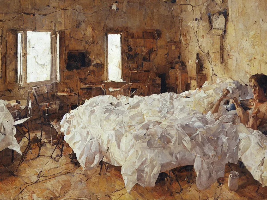 Image similar to bedroom, heatwave, Denis sarazhin, oil on canvas