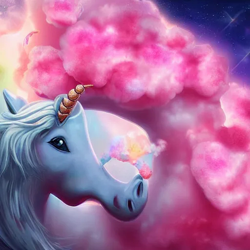 Image similar to a giant pink fat unicorn eating jupiter like cotton candy, digital art, highly detailed