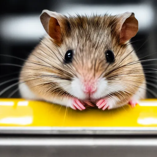 Image similar to detailed photo of a hamster sitting in a train, various poses, wide shot, unedited, daylight, dof, sharp focus, 8 k