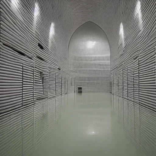 Image similar to photo of a vast interior space of irregular rooms and corridors, bizarre architecture. ceramic white tiles on all the walls. the floor is flooded with one meter deep water. eerie