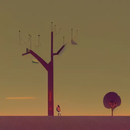 Prompt: a painting of a large bird standing next to a tree, a storybook illustration by James Gilleard, behance contest winner, environmental art, behance hd, 2d game art, reimagined by industrial light and magic