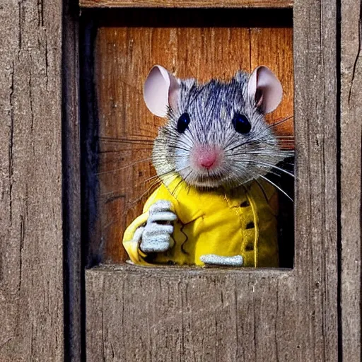 Prompt: whisper through the shutters, a brain in a garish yellow button nose, a pushpin little mouse sword for this cute little bedraggled rodeo rodent. such a cute little thing, it's a shame the scars never fade. nature truly is a war.