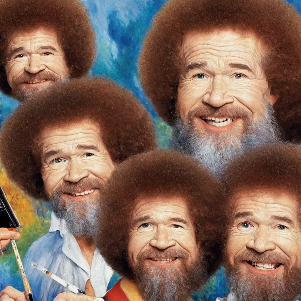 Prompt: bob ross painting of last selfie on earth