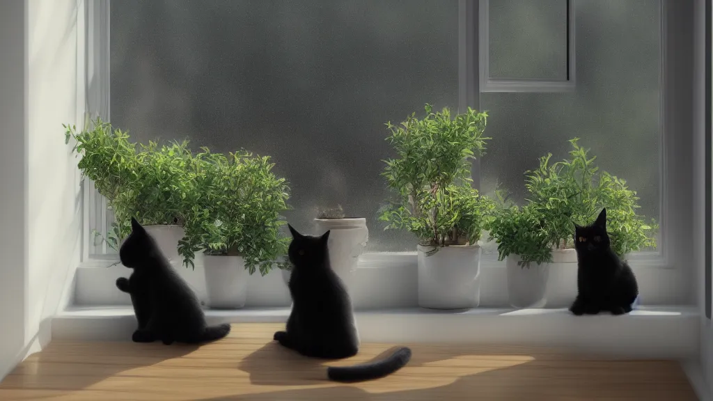 Prompt: peaceful dreamy painting of a content black cat sitting by a window and looking outside, sunshine coming through the window, small plants on the window sill, 8k, hyper realism, trending on artstation, octane render, unreal 5