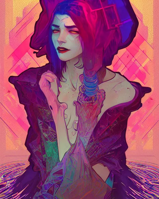 Prompt: glitch art vampire, glitches, vaporwave, highly detailed, very intricate, art nouveau pixelated, neon glitch, chromatic aberration, harsh lighting, award - winning, disney concept art illustration by mandy jurgens and alphonse mucha and alena aenami, glitch color palette, featured on artstation