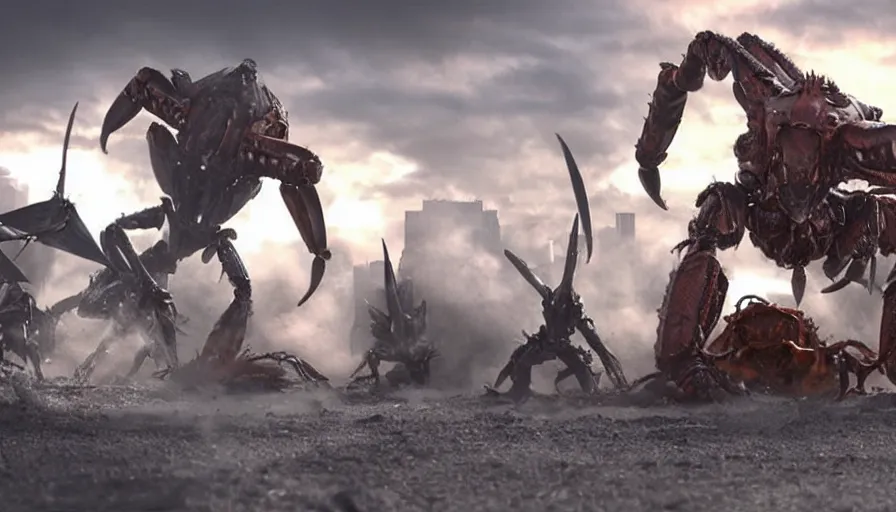 Image similar to big budget movie scene featuring a giant robot scorpion fighting a giant mutant crab