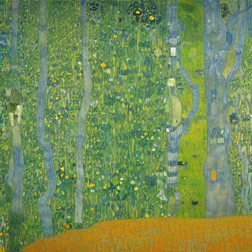 Image similar to painting of a lush natural scene on an alien planet by gustav klimt. beautiful landscape. weird vegetation. cliffs and water.