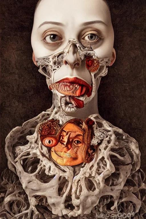 Image similar to Detailed maximalist portrait with large lips and with large wide eyes, surprised expression, surreal extra flesh and bones, HD mixed media, 3D collage, highly detailed and intricate, illustration in the style of Caravaggio, dark art, baroque