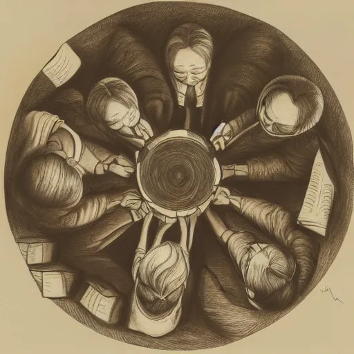 Image similar to A beautiful drawing of a group of people standing around a circular table. In the center of the table is a large, open book. The people in the drawing are looking at the book with interest and appear to be discussing its contents. mythological map by Janine Antoni exciting