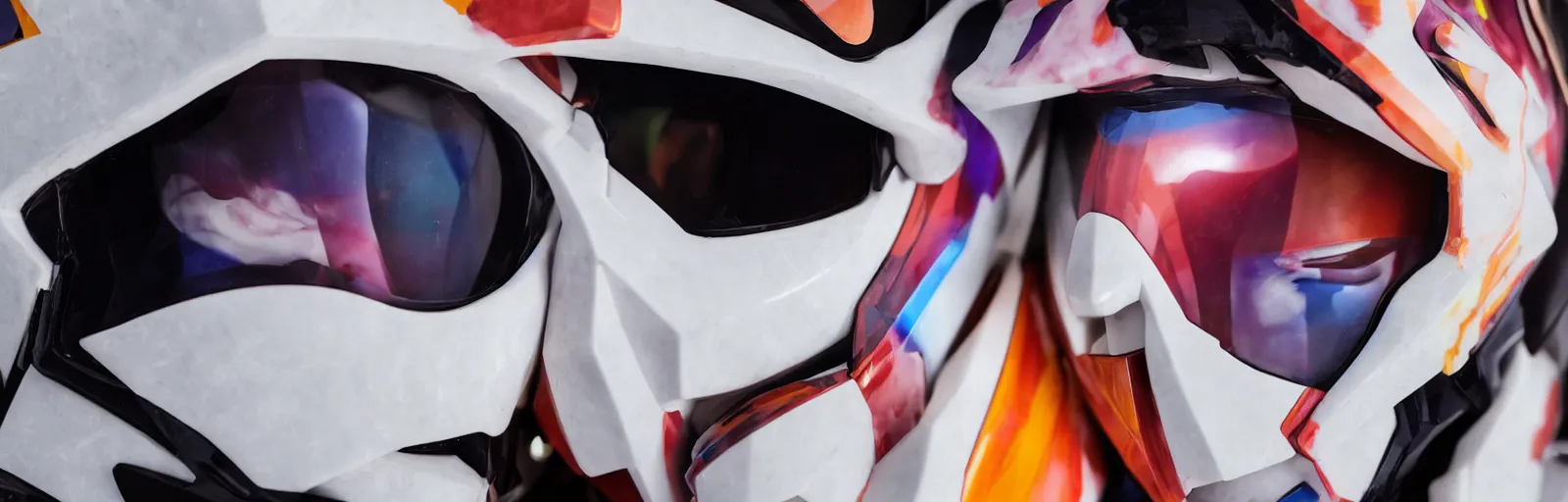 Image similar to beautifully lit extreme close up photo of a white marble statue of an anime girl with colorful motocross logos and motorcycle helmet with closed visor, colorful smoke in the background, carved marble statue, fine art, neon genesis evangelion, virgil abloh, offwhite, denoise, highly detailed, 8 k, hyperreal