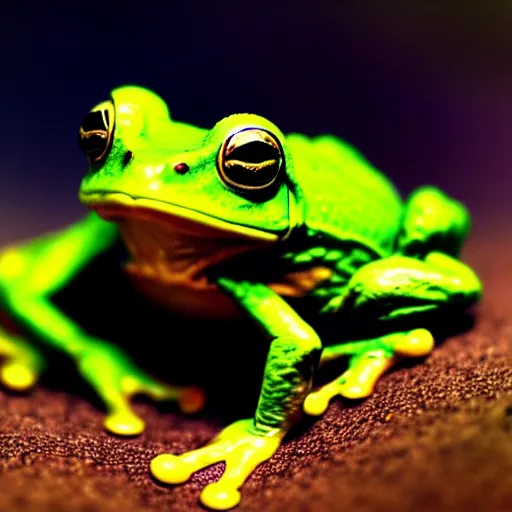 Prompt: an alien frog on an unknown planet, National Geographic photo, Bokeh, hyperrealistic, ultra coherent