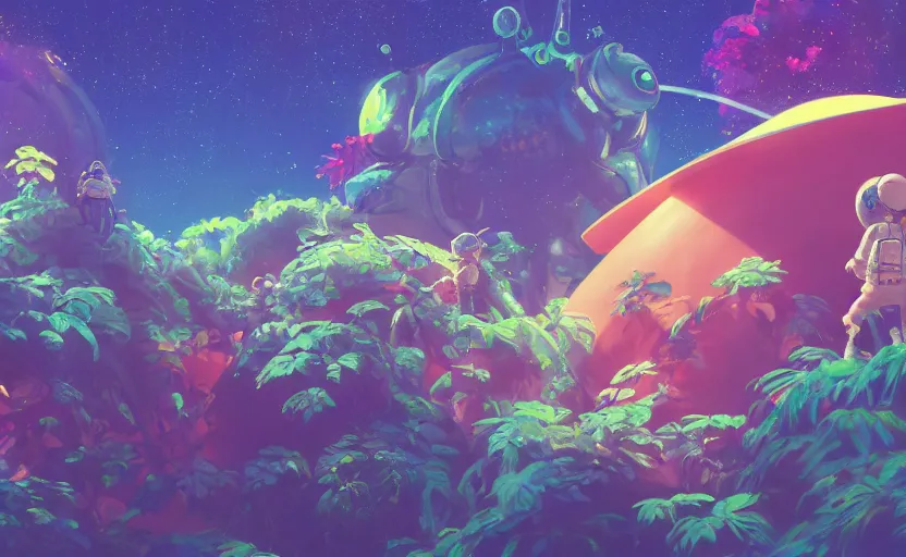 Image similar to a still of a cute adorable tiny astronaut, on a planet of lush colorful foliage surrounded by monster dragons, magical forest, sharp focus, neon backlit, highly detailed, disney pixar studio ghibli makoto shinkai, digital painting, matte, octane render, cinematic volumetric lighting, global illumination, iridescent, anime, 8 k concept art