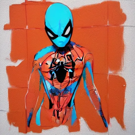 Image similar to Spiderman in orange and turquoise painted by Conrad Roset, detailed brushstrokes