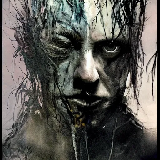Image similar to stunning portrait of gaunt max von sydow a ( the cure fan ) as dream from sandman, dim stars as eyes, by jeremy mann, by cedric peyravernay, by by russ mills, by richard avedon and ben templesmith, dramatic lightning, sadness, dark eye sockets, in the shadows, punk rock, gothic, high detailed, 8 k