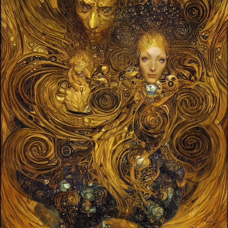 Prompt: Divine Chaos Engine by Karol Bak, Jean Deville, Gustav Klimt, and Vincent Van Gogh, visionary, sacred fractal structures, ornate gilded medieval icon, spirals, 8k 3D