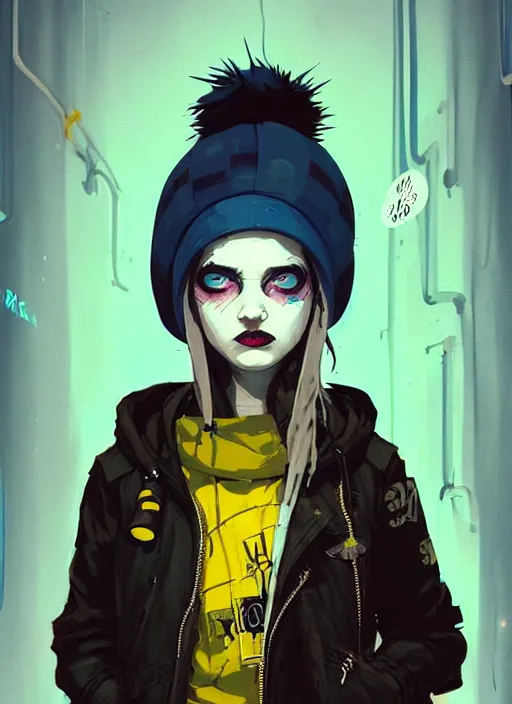 Image similar to highly detailed portrait of a sewer punk lady student, blue eyes, tartan hoody, hat, white hair by atey ghailan, by greg rutkowski, by greg tocchini, by james gilleard, by joe fenton, by kaethe butcher, gradient yellow, black, brown and cyan color scheme, grunge aesthetic!!! ( ( graffiti tag wall background ) )