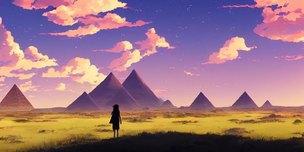 Prompt: a stunning desert landscape with a towering pyramid on the horizon by makoto shinkai