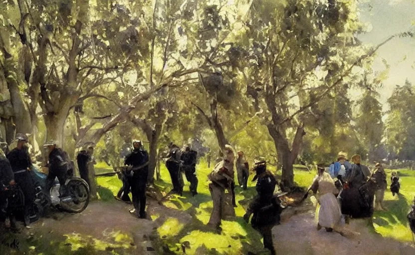 Prompt: oil painting lanscape by anders zorn, nature, fruit trees, very very very very beautiful art, dramatic light, police arrests, police violence, police in street with police cars