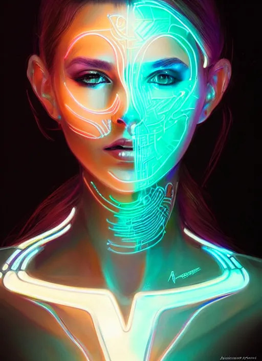 Image similar to portrait of female humanoid in transparent acrylic fashion wear, intricate, elegant, cyber neon lights, highly detailed, digital photography, artstation, glamor pose, concept art, smooth, sharp focus, art by artgerm and greg rutkowski