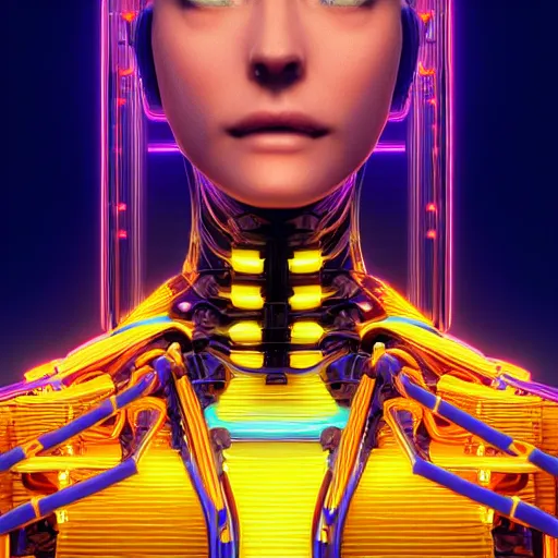 Prompt: a highly detailed portrait composition of an artificial intelligence bionic woman humanoid, symmetrical facial proportions, forward facing, symmetrical, with neon topaz marble skin and exposed colorful circuits and cables, extremely detailed, intrincate detailed, ultrafine, octane render, 4 k, artstation, cgsociety, by sam spratt and dan mumford and naoto hattori