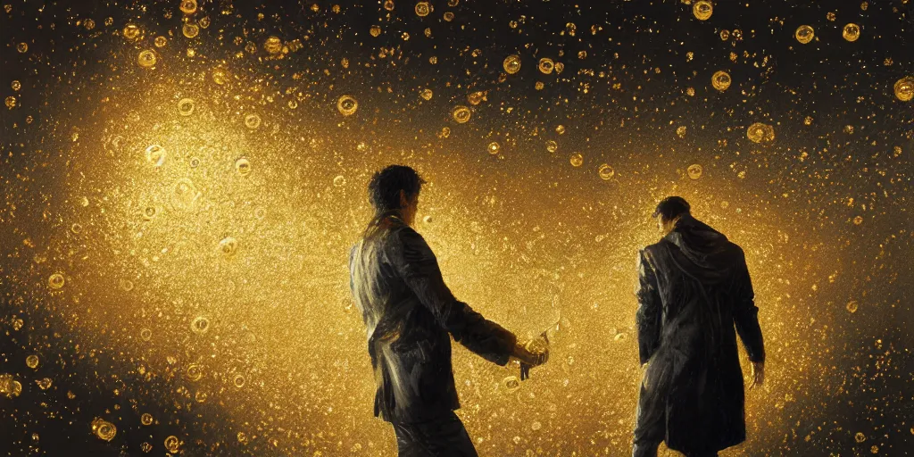 Prompt: swarm of iridescent golden bubbles surrounding a man, by greg rutkowski