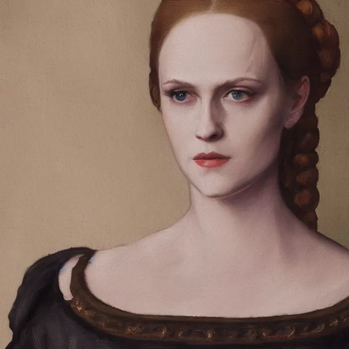 Prompt: dolores from tv show westworld, evan rachel wood, early netherlandish painting