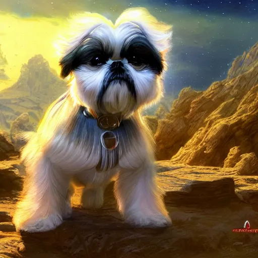 Image similar to Shih Tzu on an alien planet, digital painting, artstation, concept art, donato giancola, Joseph Christian Leyendecker, WLOP, Boris Vallejo, Breathtaking, 8k resolution, extremely detailed, beautiful, establishing shot, artistic, hyperrealistic, beautiful face, octane render, cinematic lighting, dramatic lighting, masterpiece